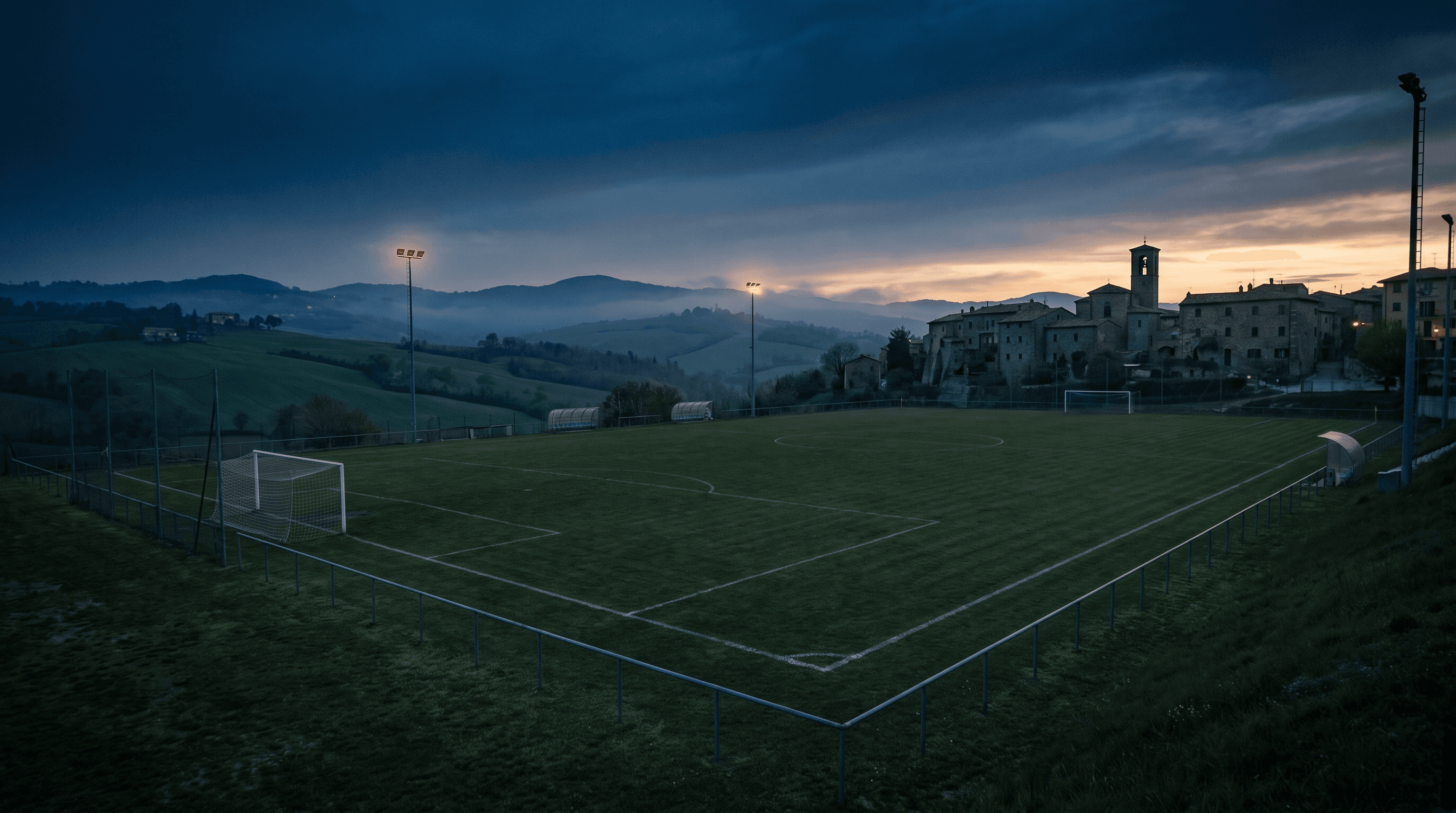 Campo da calcio tra le colline dell'Appennino reggiano al tramonto