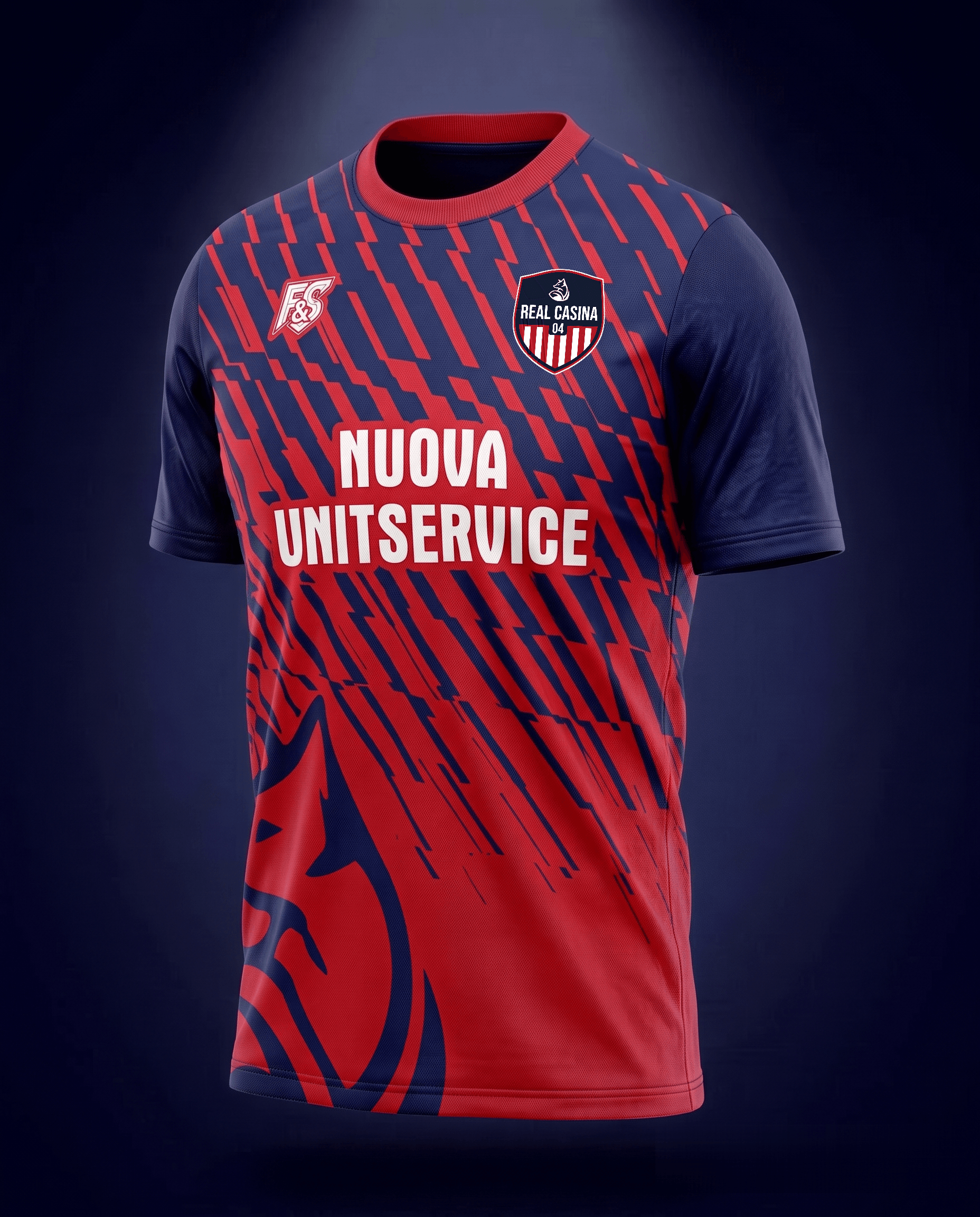 Prima maglia Real Casina 04: rossoblù a strisce diagonali con sponsor Nuova Unitservice